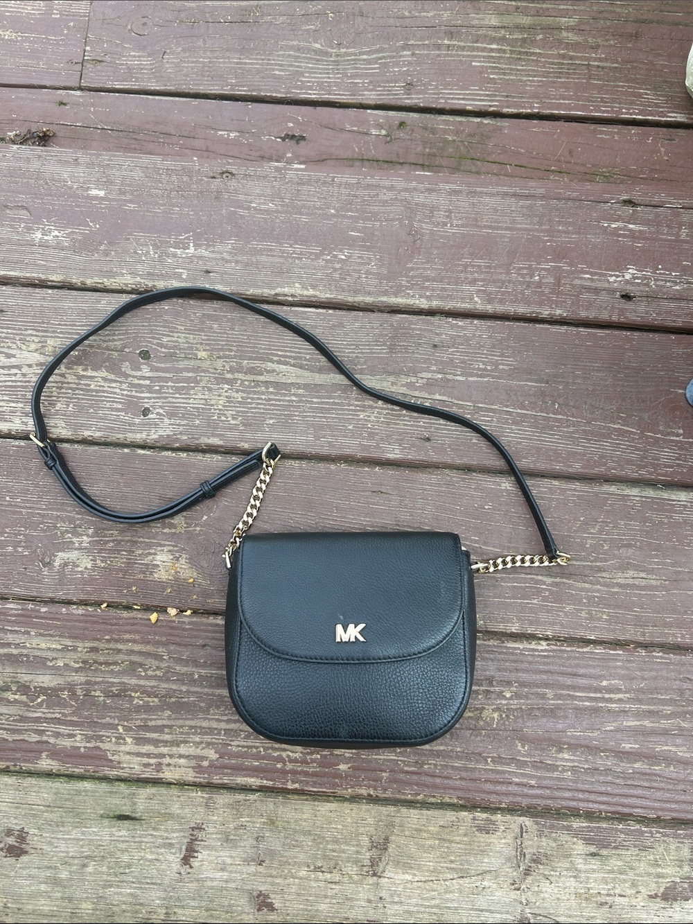 Michael Kors Black Pebbled Leather Saddle Crossbody with Gold Hardware